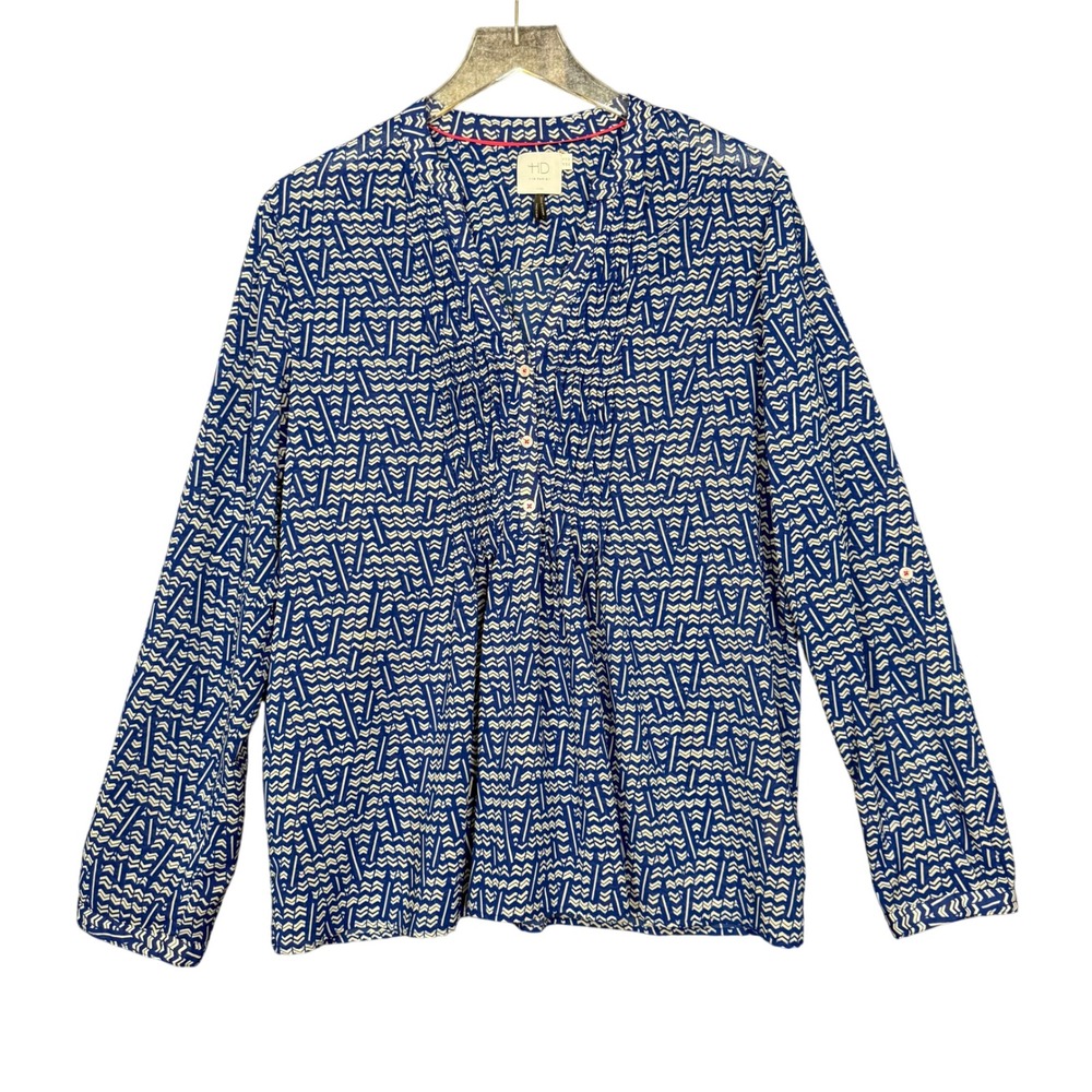 HD In Paris Anthro Womens Blouse 12 Blue Chevron Print Adjustable Sleeve Popover